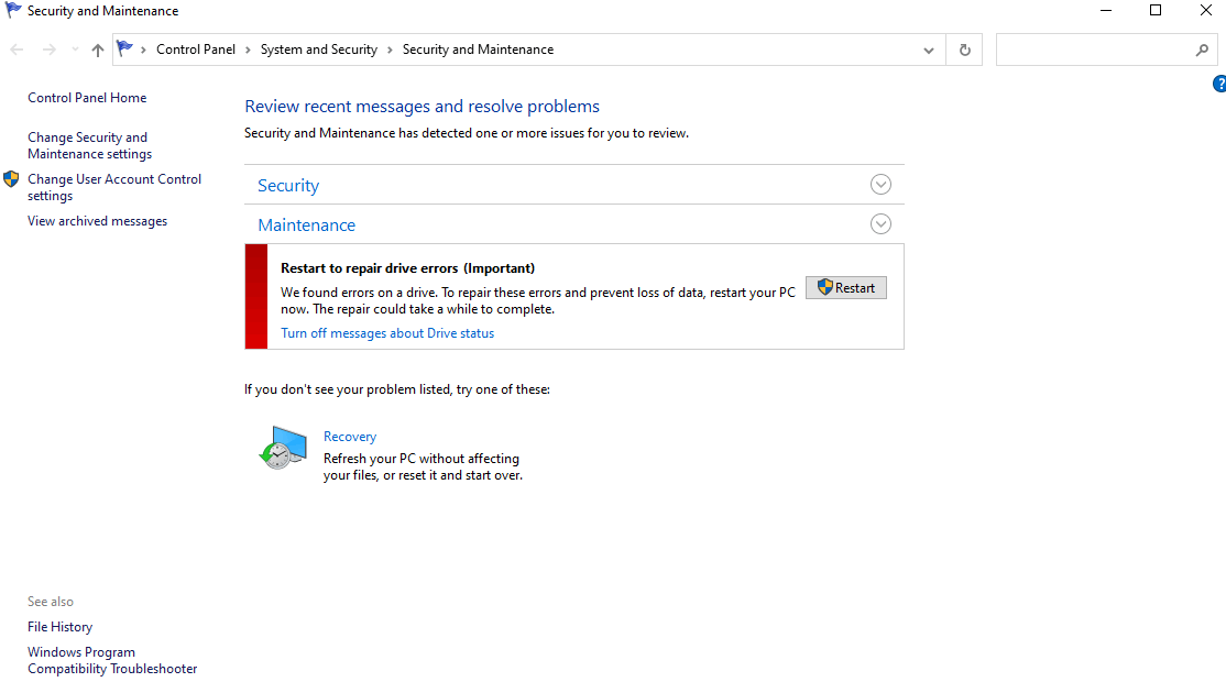 Restart to repair drive errors - Microsoft Community