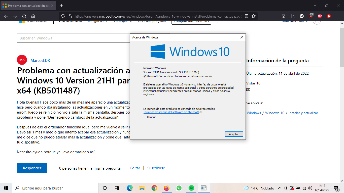 Problema Con Actualización Acumulativa Para Windows 10 Version 21h1 Microsoft Community 6148