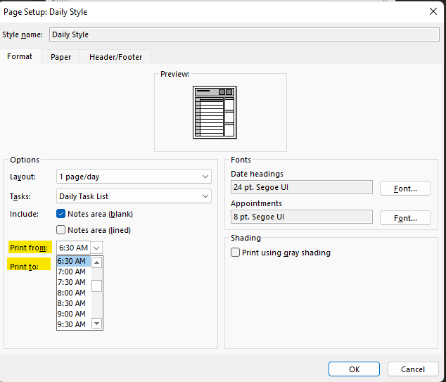 When printing the Outlook calendar the option to change the print