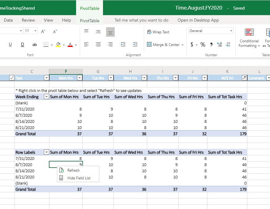 Pivot table not recognized as a pivot table in Excel online - Microsoft