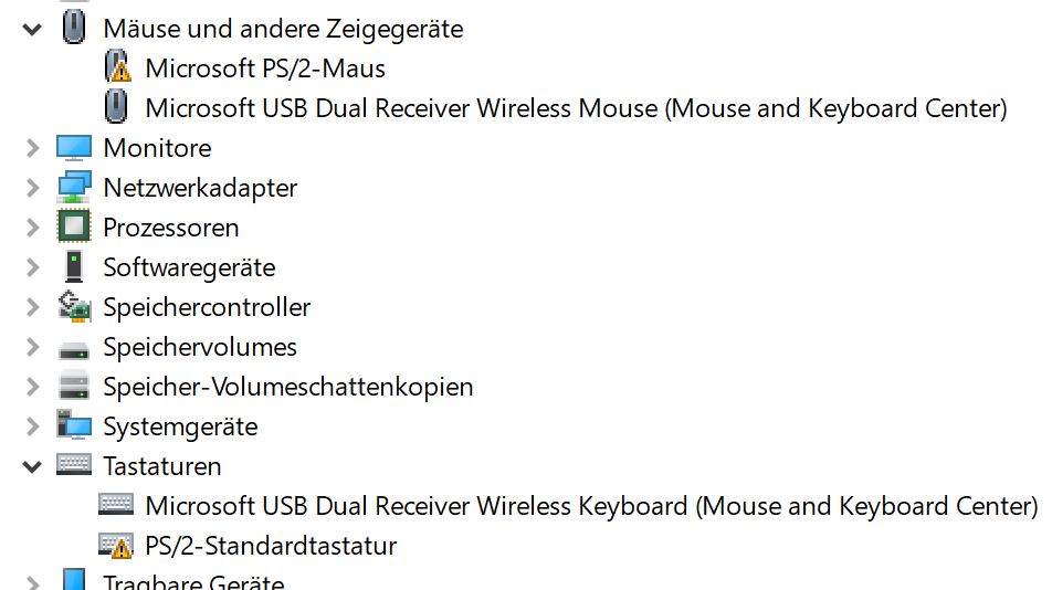 Microsoft Sculpt Maus und Tastatur gelbes Ausrufezeichen im Geräte Manager