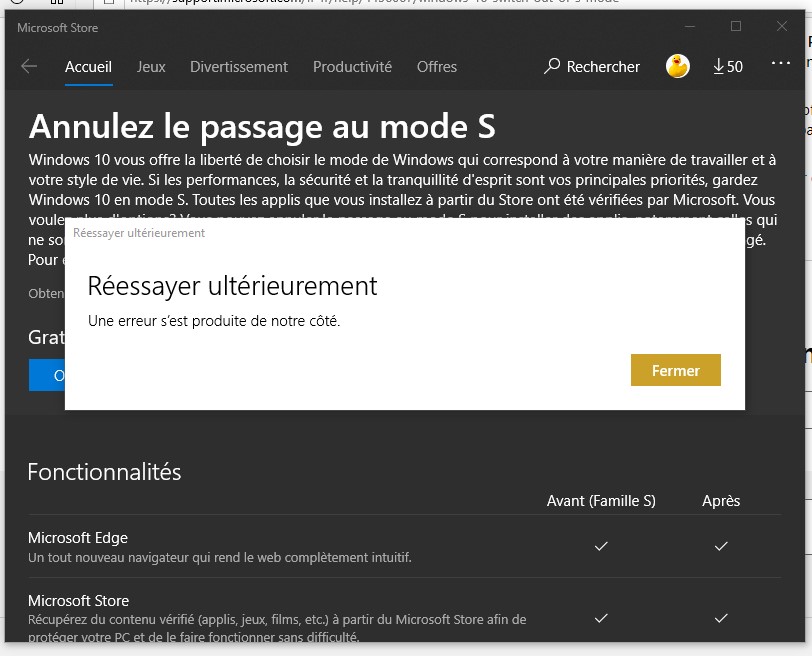 Probleme pour sortir du mode  S de  windows  10 Microsoft 