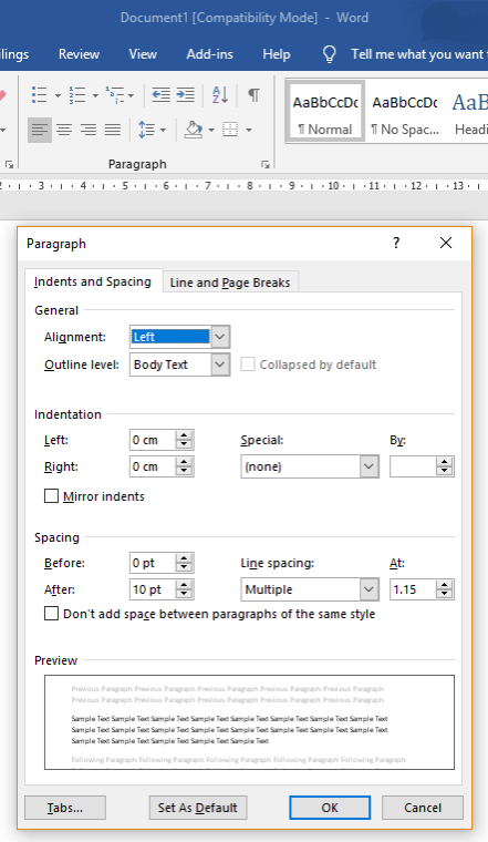 Tabs Button Missing In Word 19 Paragraph Dialog Box Microsoft Community