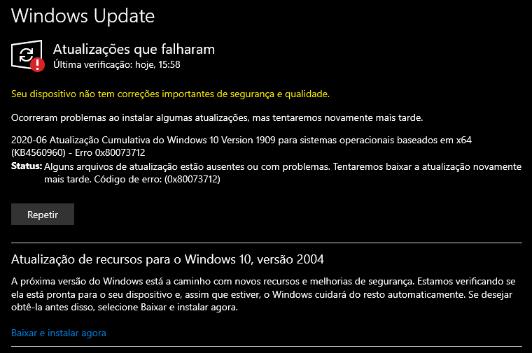 Está dando erro para baixar a atualização - Microsoft Community