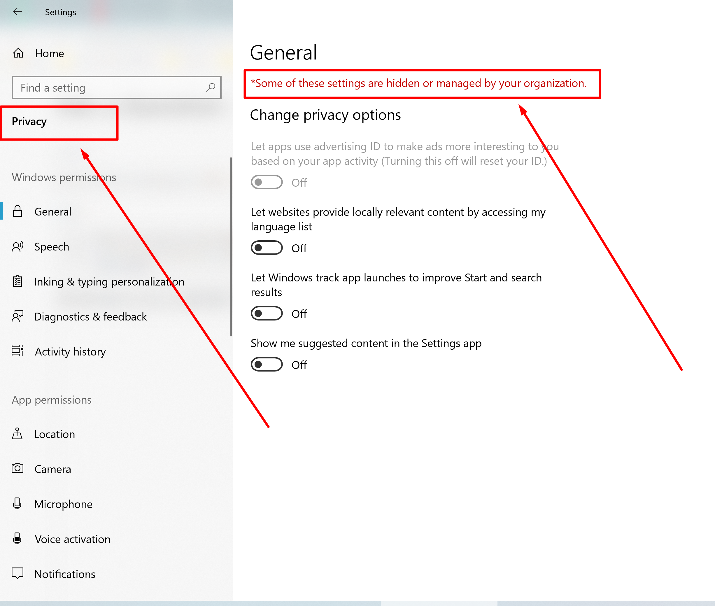 Some of these settings are hidden or managed by your organisation 