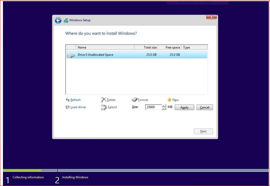 Выберите расположение для установки windows