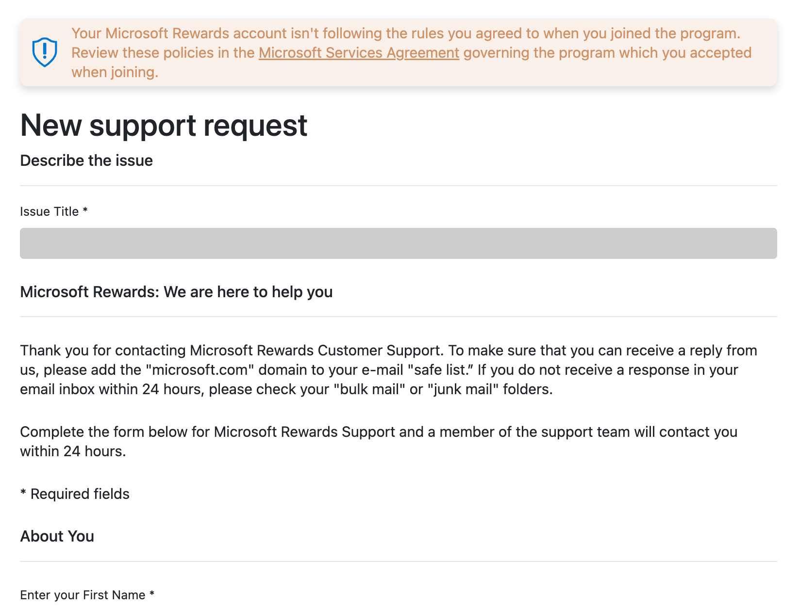 Not allowed to type anything in the Microsoft Rewards support page 