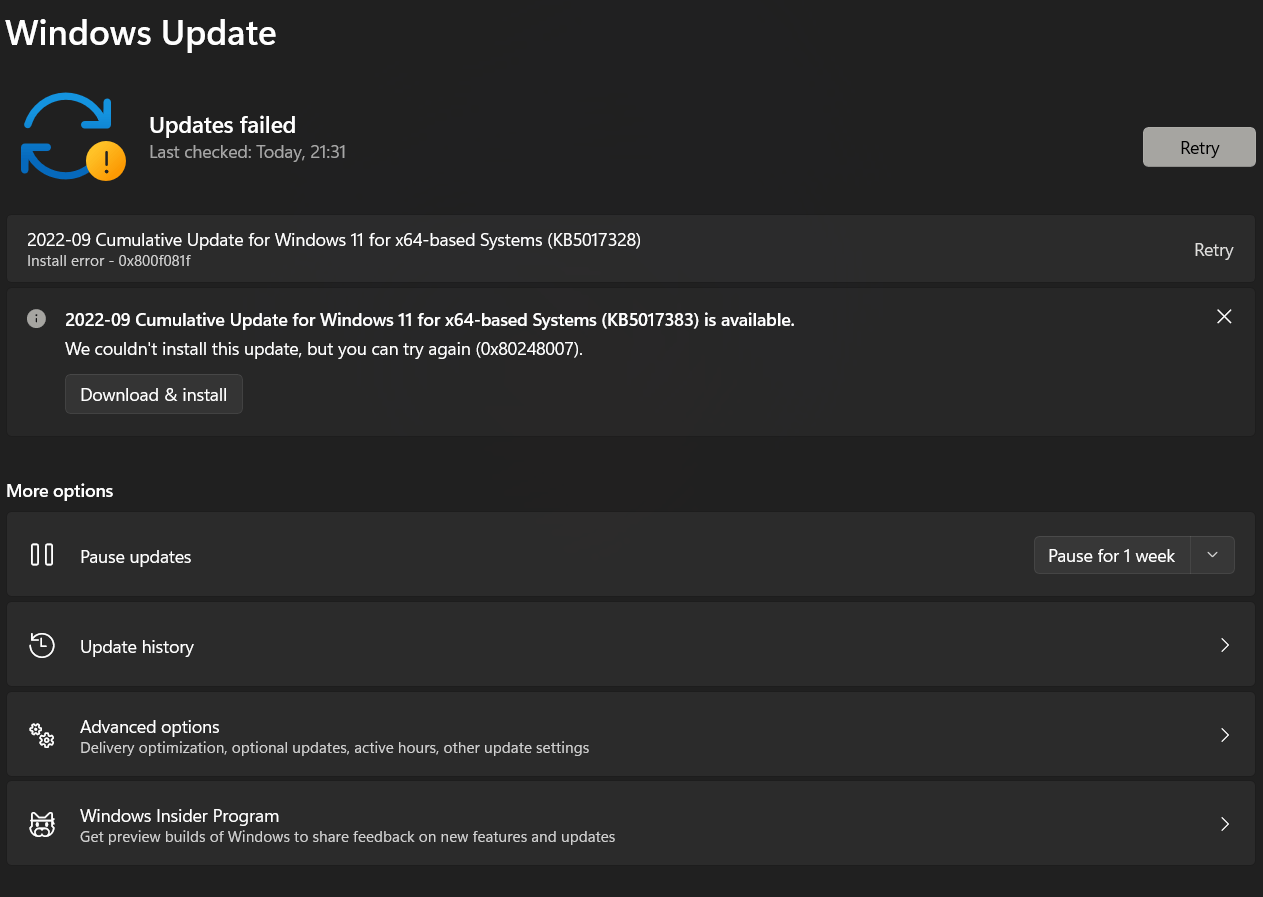 Can't Install Windows 11 Update(KB5017328) Install Error: 0x800f081f ...