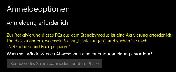 Bug in der Anzeige Anmeldeoptionen PC aus Standbymodus reaktivieren!