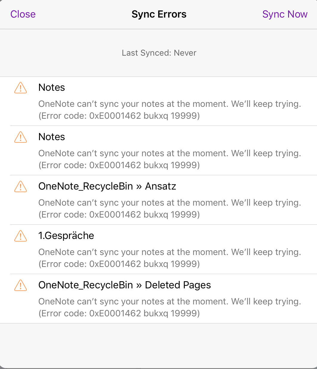 OneNote Sync Error 0xE0001462 Bukxq 19999 - Microsoft Community