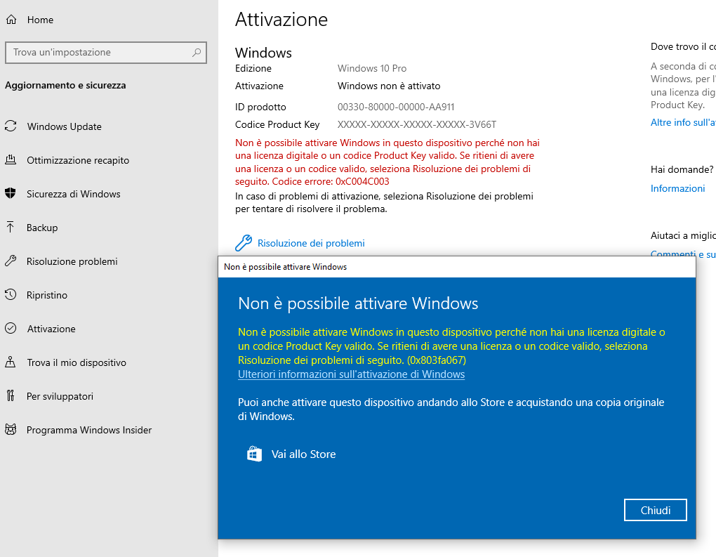 Licenza Windows 10 pro non accettata, errore 0x803FA067 - Microsoft  Community