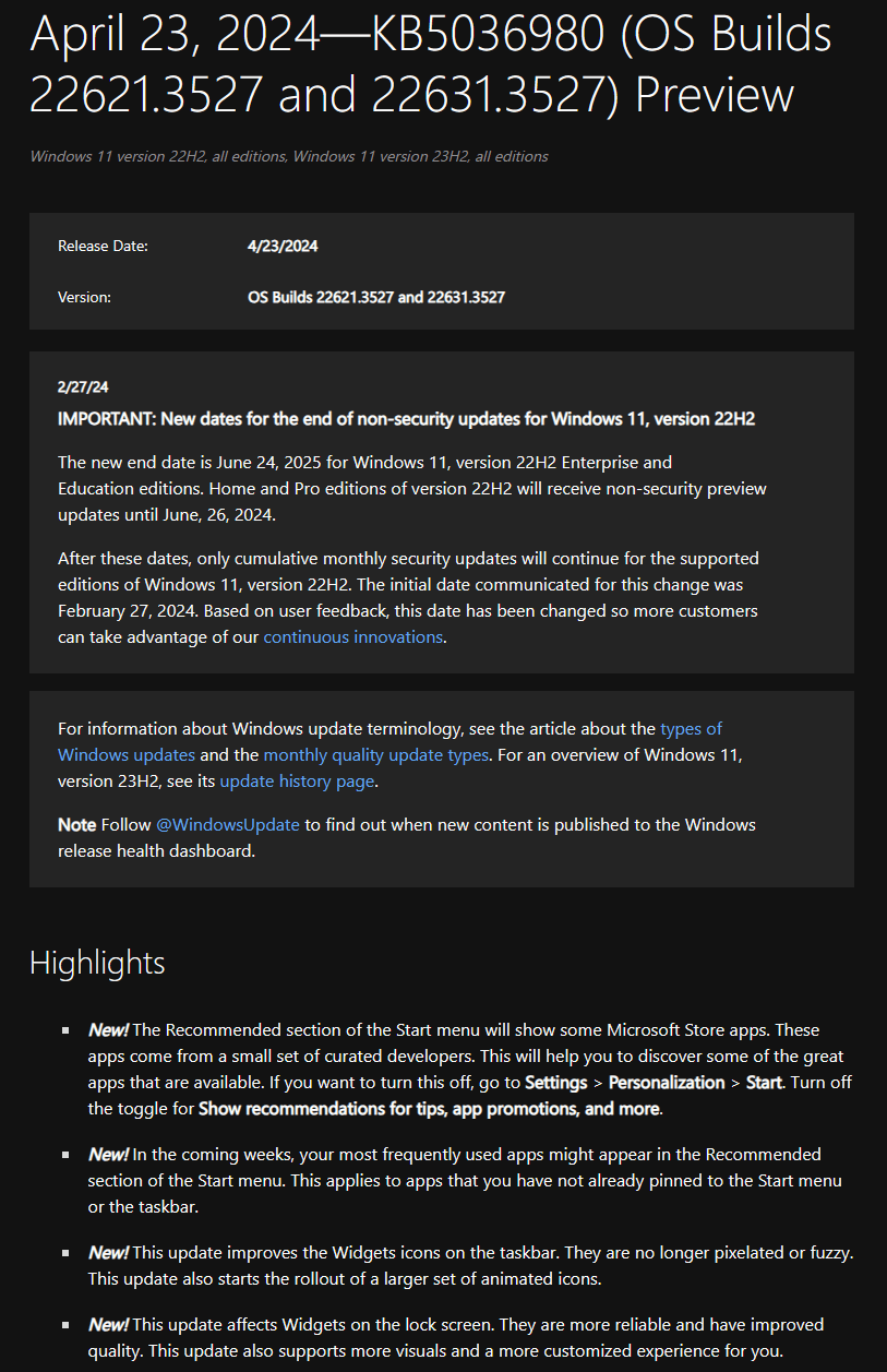 April 23, 2024—KB5036980 (OS Builds 22621.3527 And 22631.3527) Preview ...