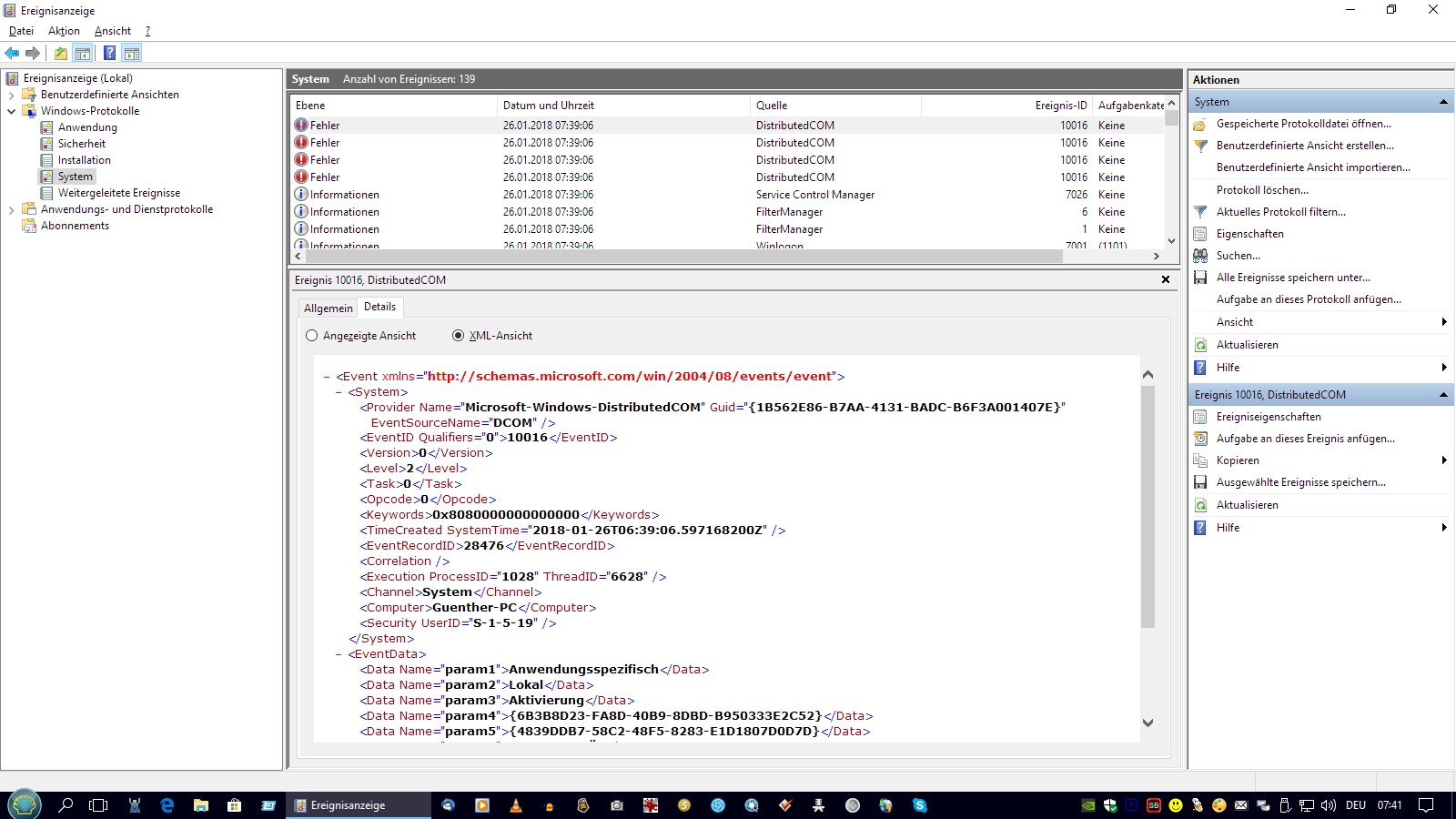 Fehlermeldungen in der Ereignisanzeige v. Windows 10   ID 10016   betreffend DCOM
