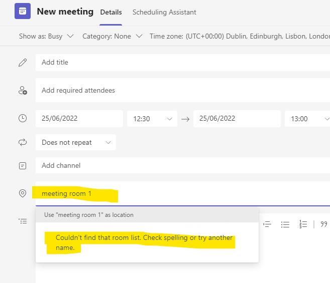 Can t add meeting room to a Teams calendar item (but it does work in
