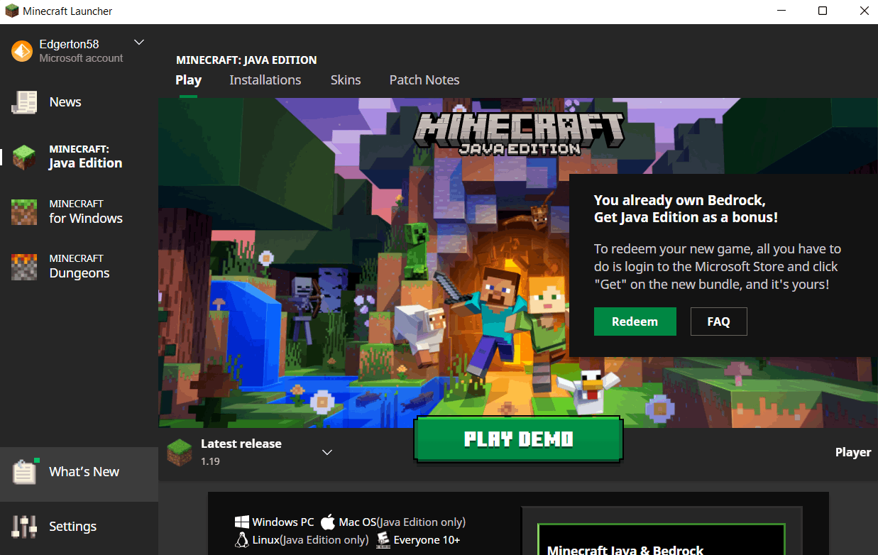 Minecraft Launcher mostra botão Jogar demo em vez de Jogar