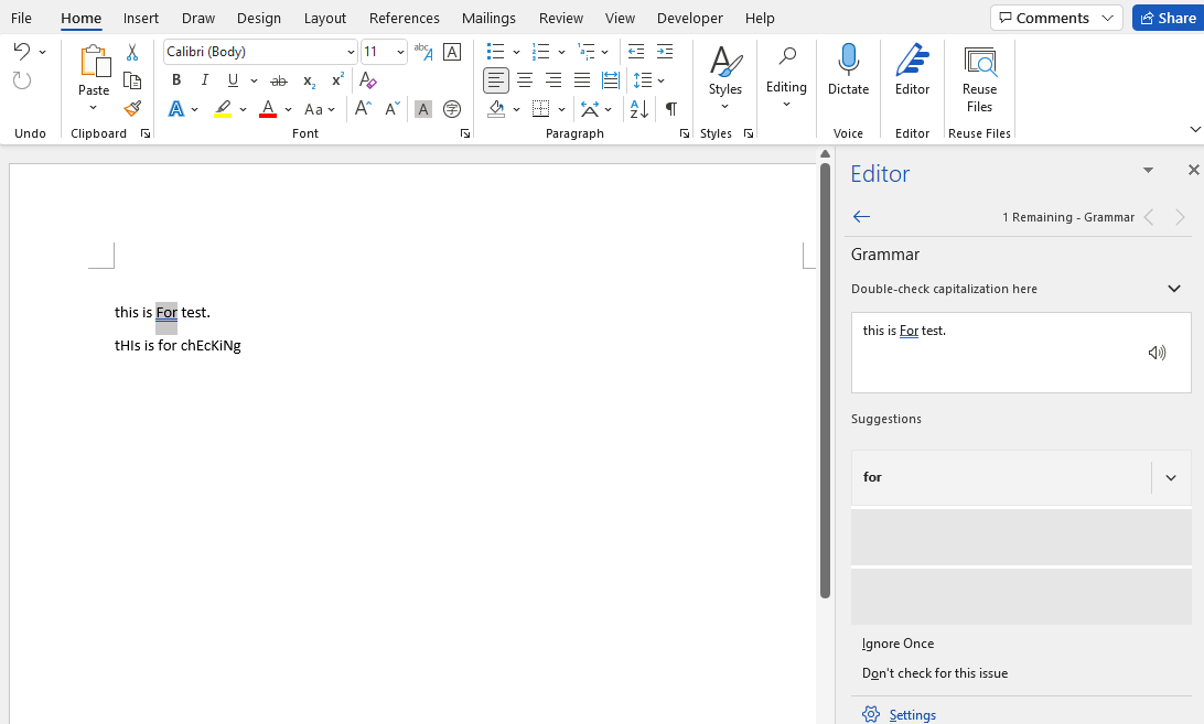 Editor is not recognizing errors in capitalization Microsoft