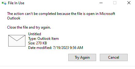 Outlook File in Folder says &ldquo;Action can&rsquo;t be completed because the 