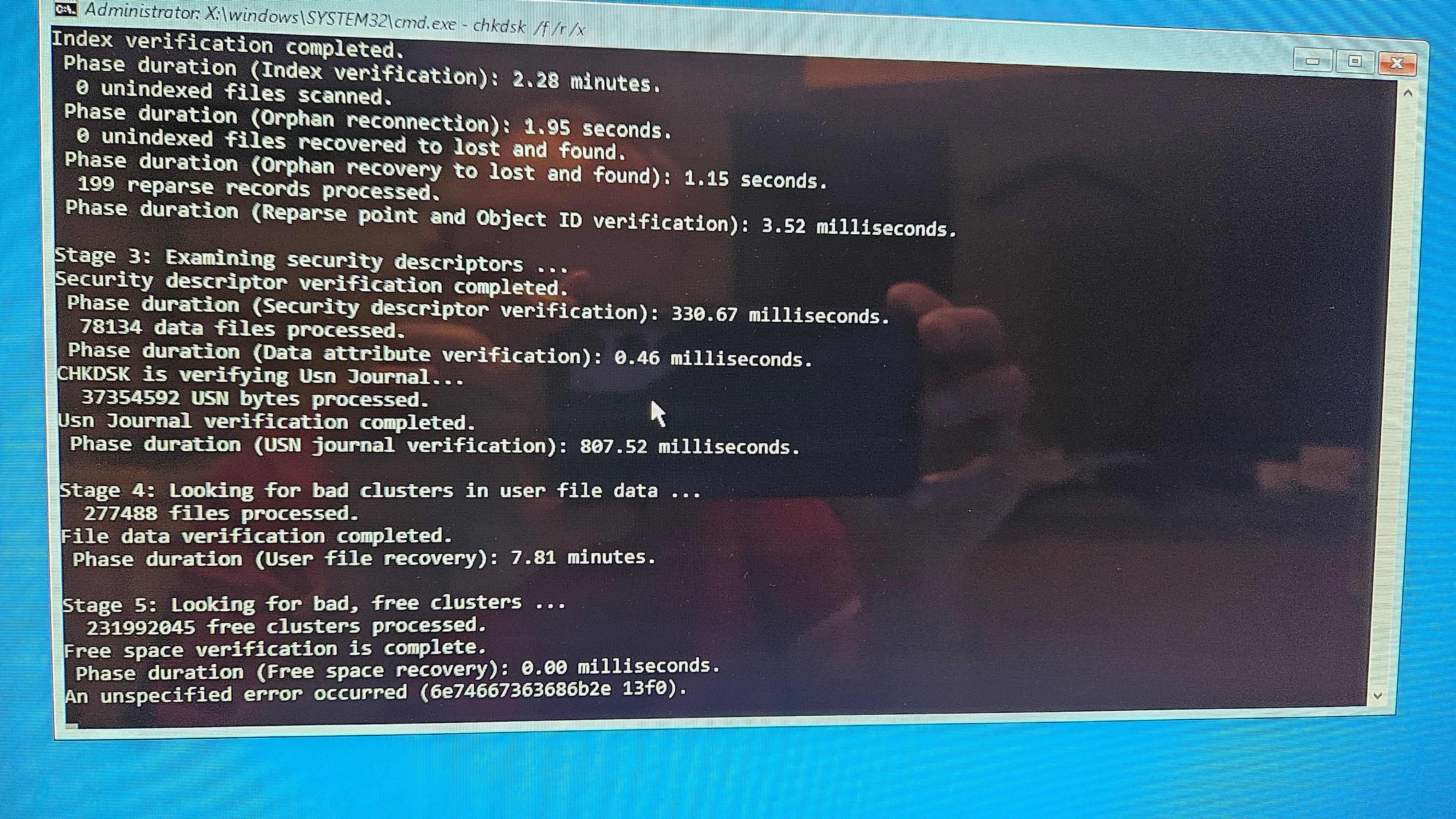 running a chkdsk /f /r /x from a usb media image. got