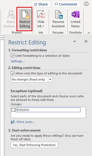 Microsoft Word message: You can't make this change because this