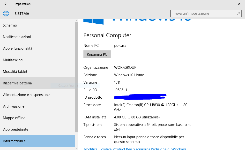 Attivare il sistema Windows 10 preinstallato