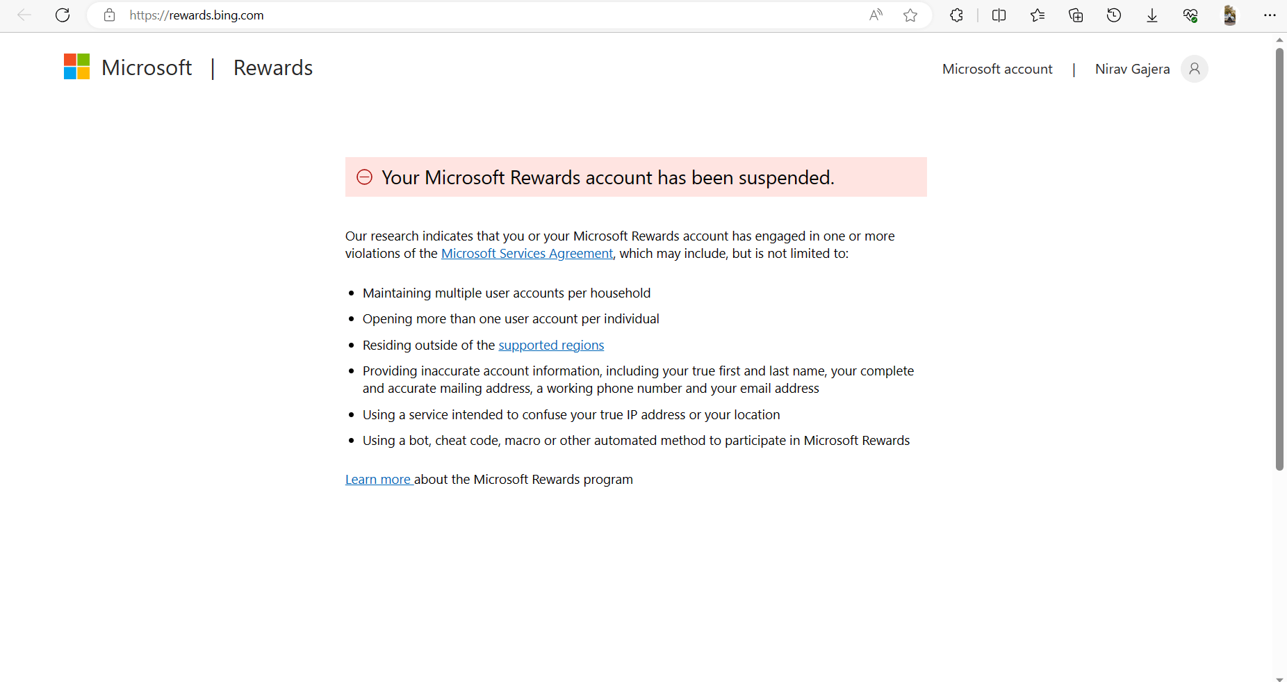 Microsoft Rewards Account Has Been Suspended. - Microsoft Community