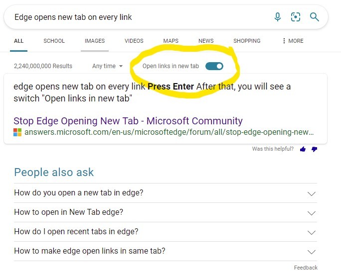 Edge opens new tab on every link turn it off again and again 