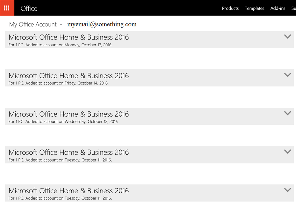 Multiple copies of Office 2016 Home & Business on my Microsoft