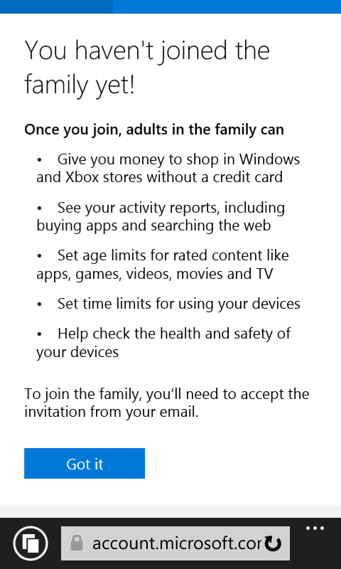 Windows 10 - Attempting to accept family invite for child account ...