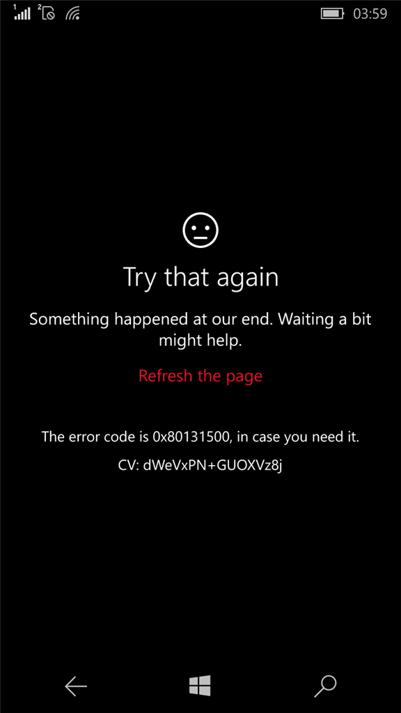 Windows Store app error code 0x80131500 on Lumia 650 running on ...