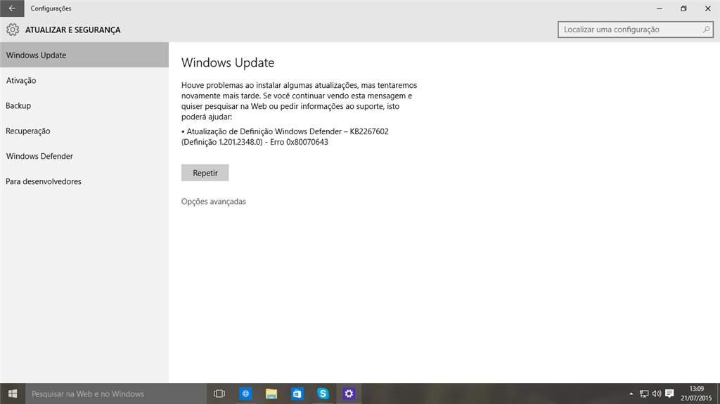 Está dando erro para baixar a atualização - Microsoft Community