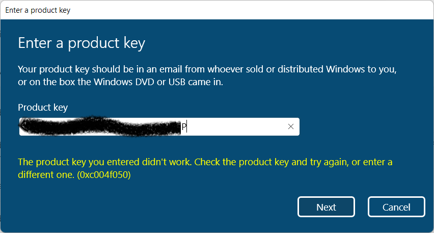 Change Product Key does not work (0xc004f050) - Microsoft Community