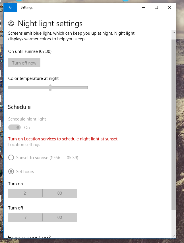 to turn off Night light? settings greyed - Microsoft