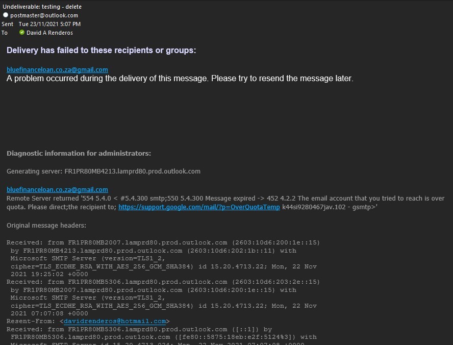 Undeliverable Message After Sending Email To My Outlook Email Even ...