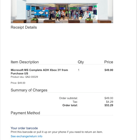 Xbox purchase shop receipt