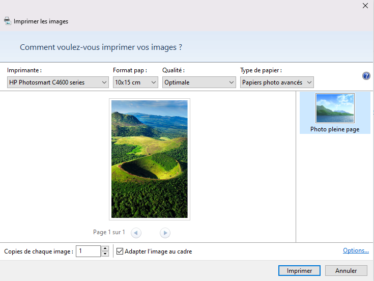 Imprimer des photos avec Windows 10