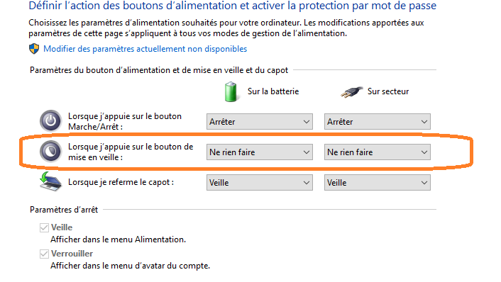 Choisir l'action liée au bouton d'alimentation - Windows 10