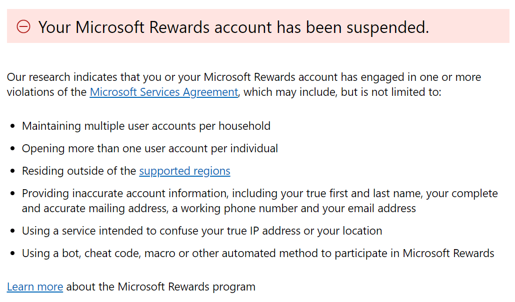 My microsoft rewards account has been suspended how do i recover my