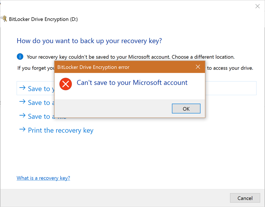 Bitlocker recovery key couldn't be saved to your Microsoft