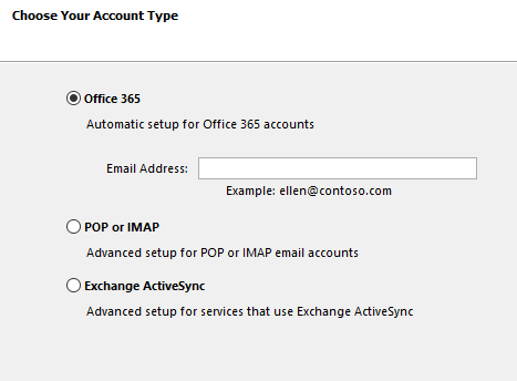 Outlook 2016 Manual Email Account Setup, what is the Office 365 option -  Microsoft Community