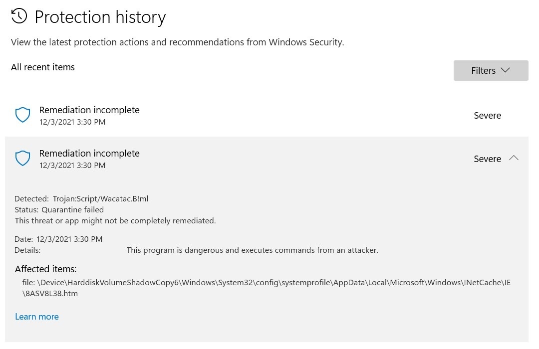 Unable To Remove Trojan:Script/Wacatac.B!ml - Microsoft Community