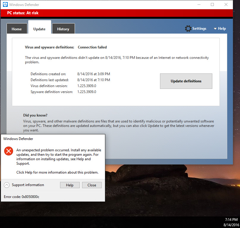 Win10 Defender Code Error 0xc Microsoft Community