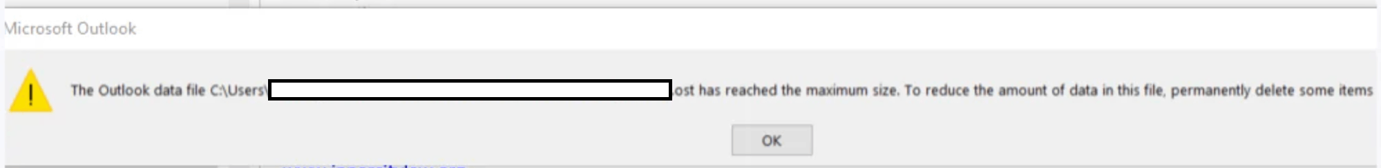 Primary O365 Outlook OST data file has reached maximum size 