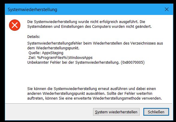 Windows 10 Unbekannter Fehler bei Systemwiederherstellung 0x80070005