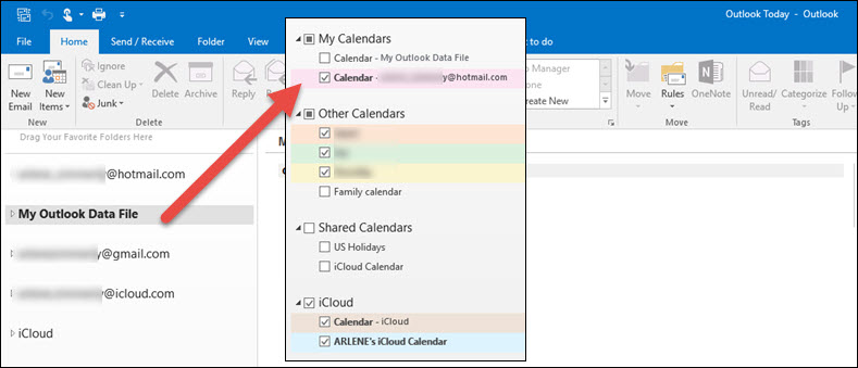 The effect in Calendar when My Outlook Data File is set as the default ...