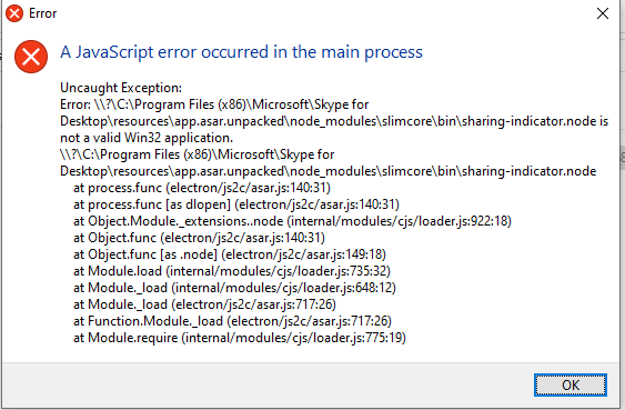 A JavaScript error occurred in the main process. Uncaught