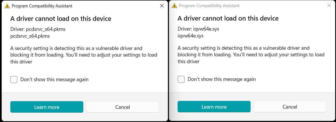 Can&rsquo;t resolve driver cannot load: iqvw64e.sys and pcdsrvc_64.pkms 