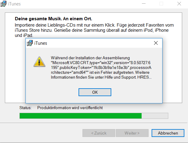 Itunes während der installation der assemblierung ist ein fehler aufgetreten