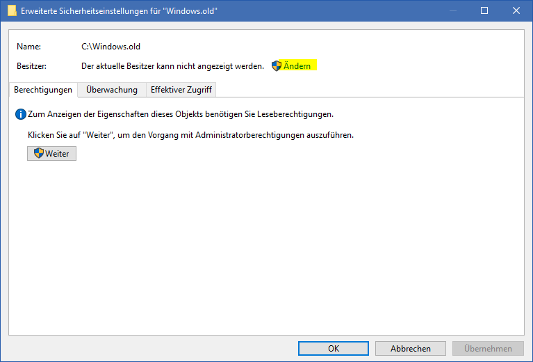 Besitz von Ordnern übernehmen, Berechtigungen zurücksetzen
