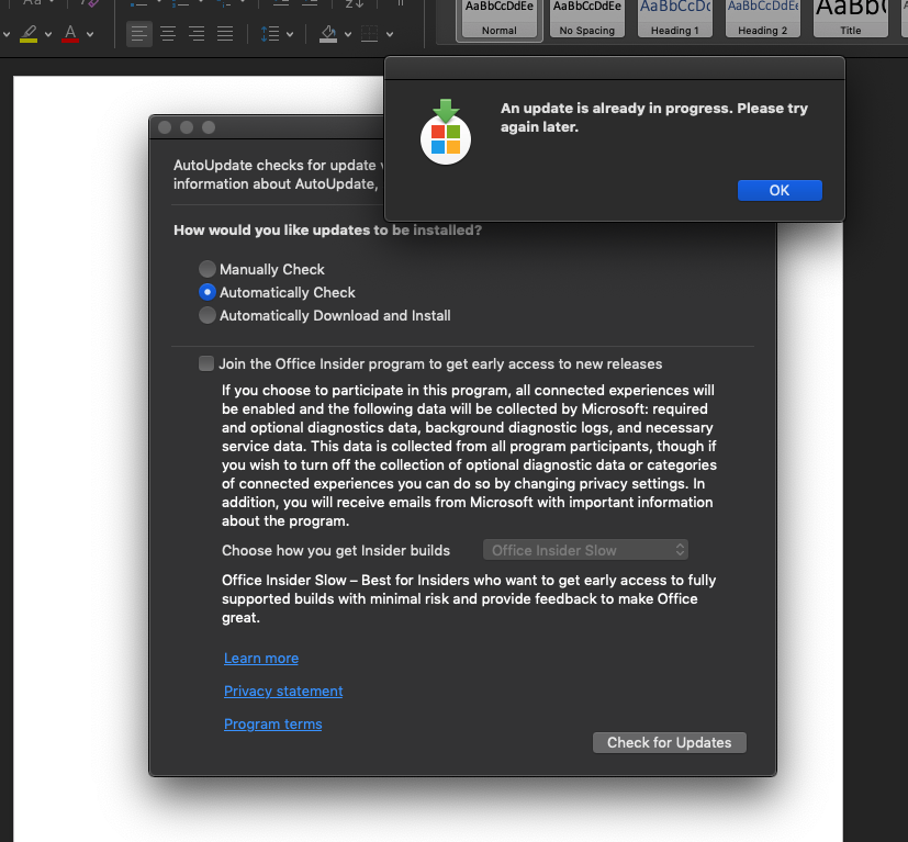 Microsoft autoupdate an update is already in progress in outlook
