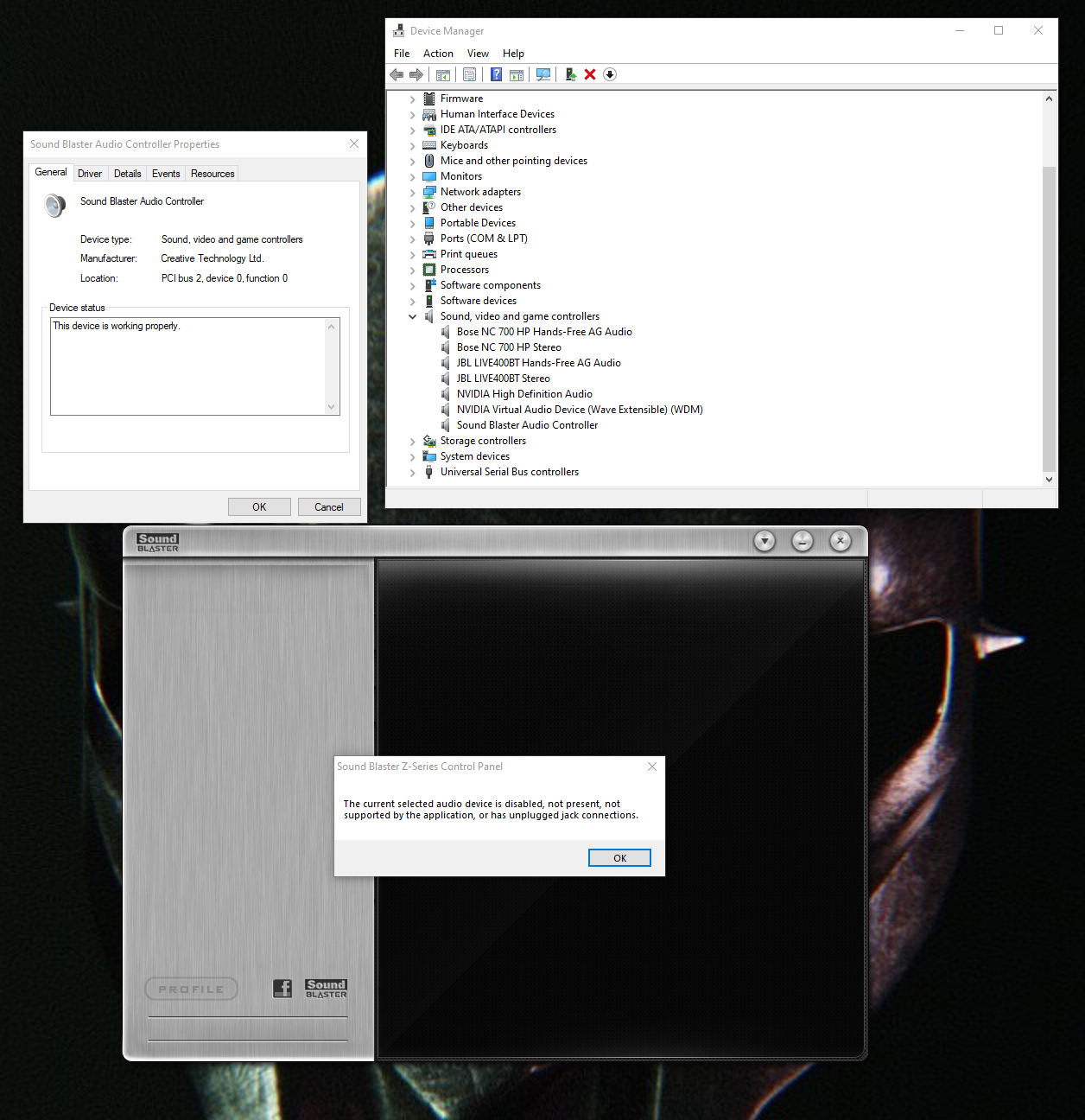 Windows 10 Soundblaster Z Card Not Detected No Speakers Detected Microsoft Community